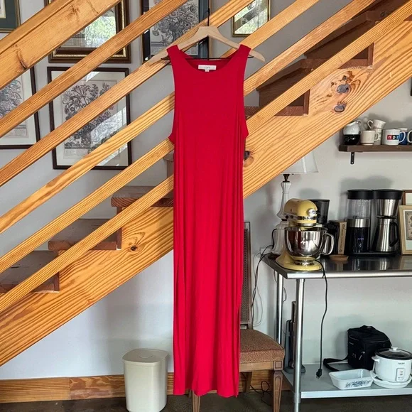 LOFT Bright Red Ribbed Crewneck Maxi Dress - Picture 1 of 5